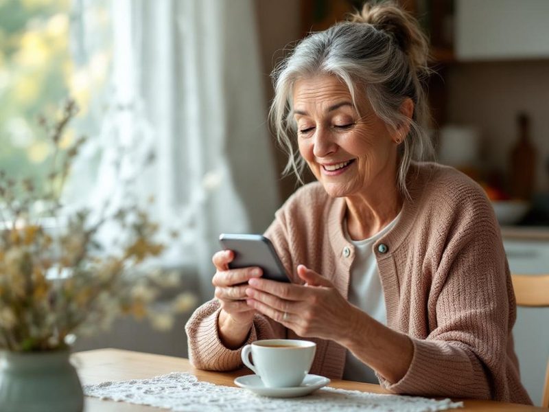 Seniorin spricht ins Smartphone