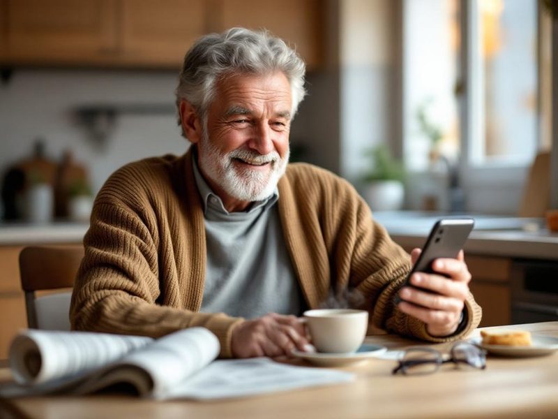 Senior mit Smartphone am Frühstückstisch